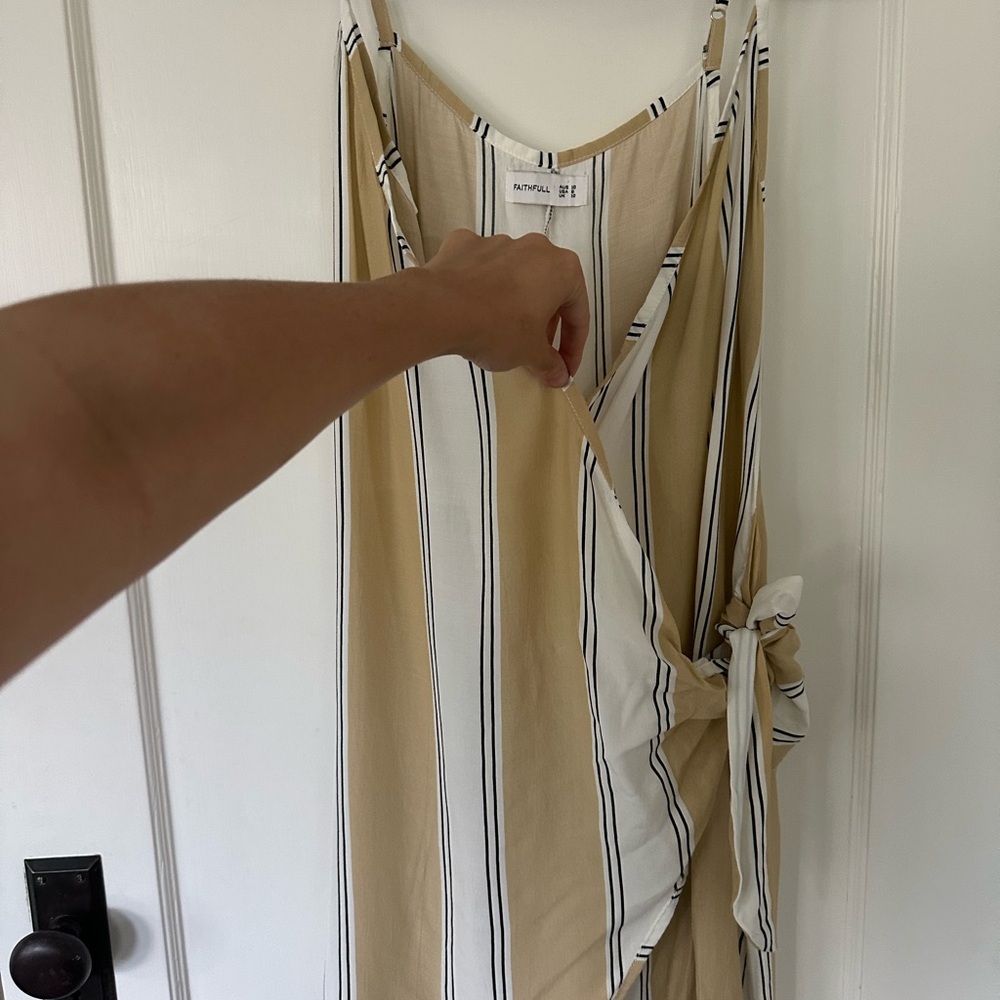 Faithfull the Brand Beige and White Striped Mini Wrap Dress, size 6